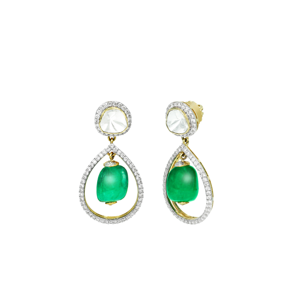 Polki Teardrop Earrings with Emerald Center and Diamond Halo